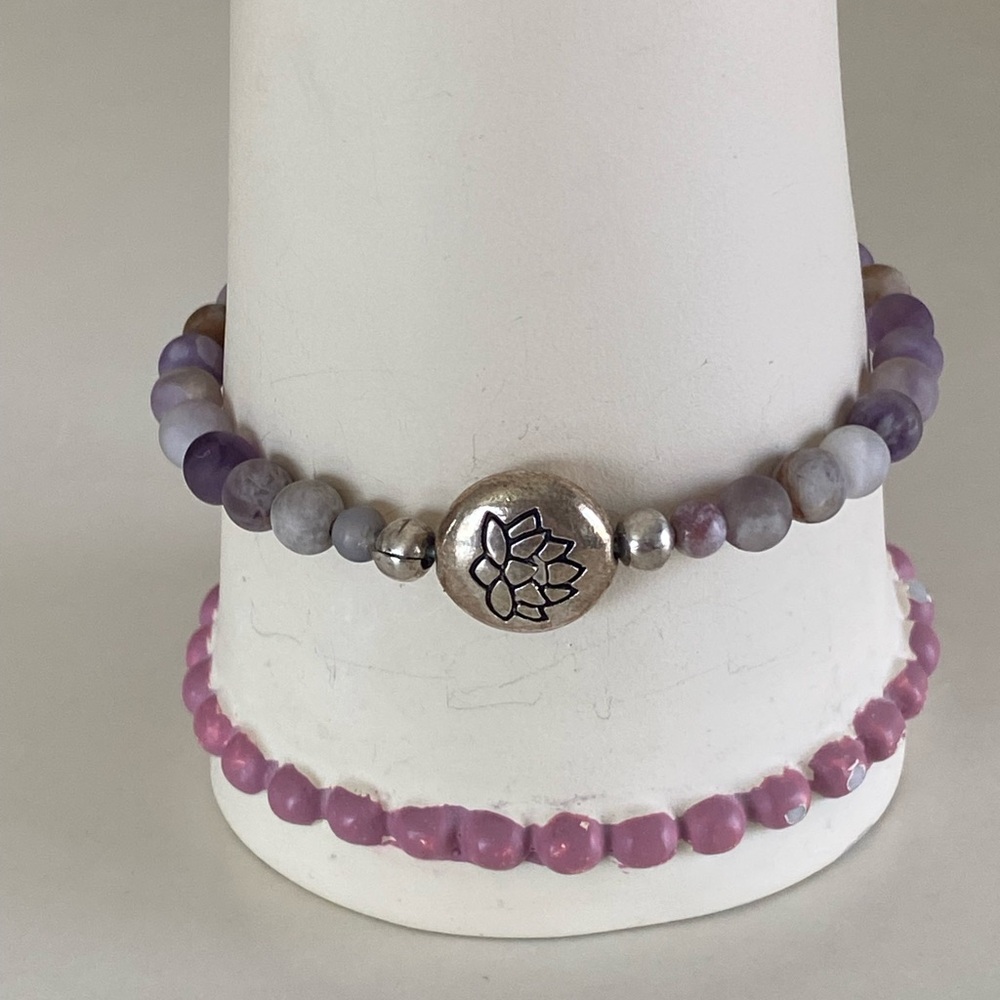 Silver and Pink Beaded Bracelet Set